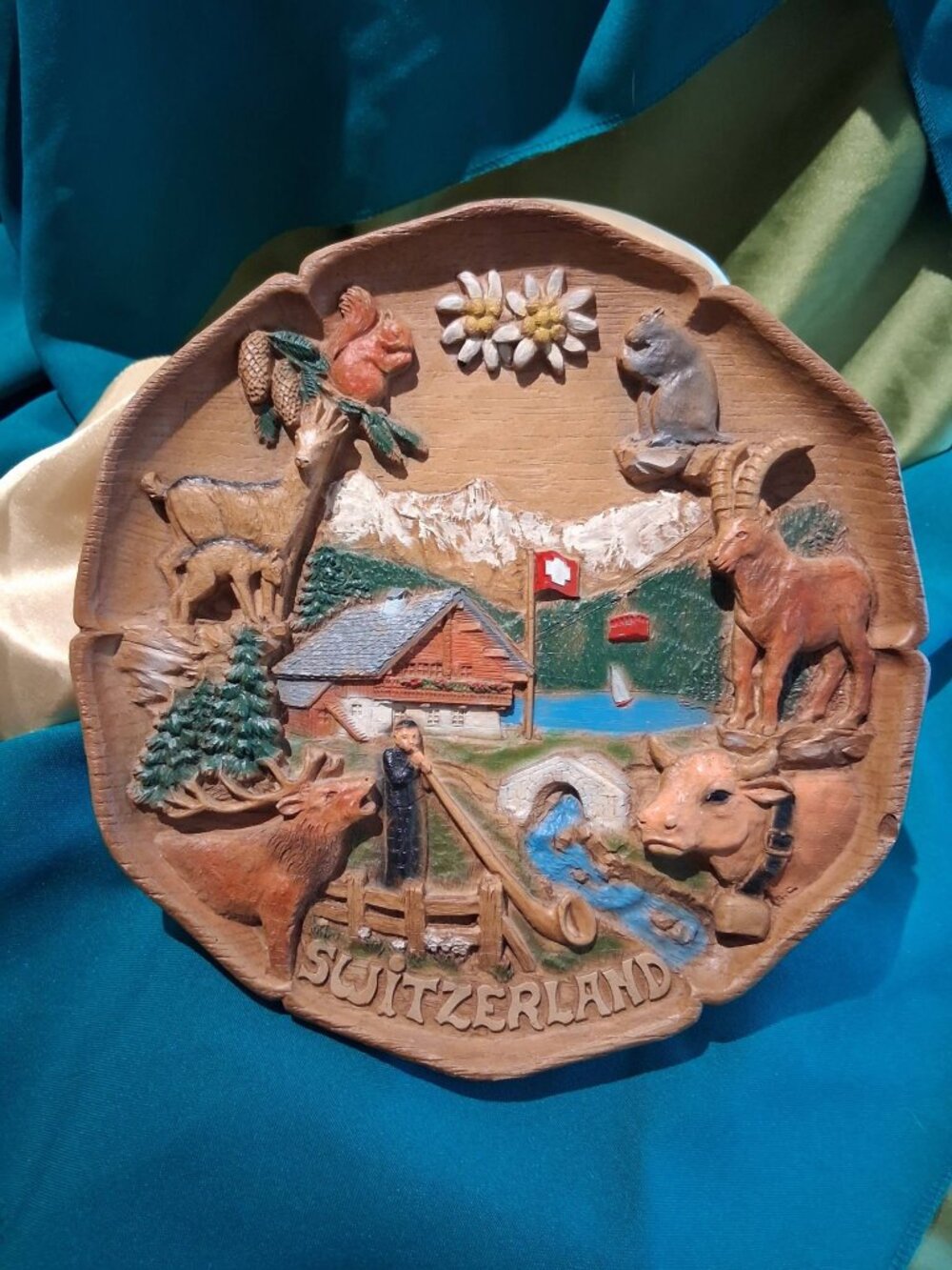 Vintage Circa 1960s–1970s Swiss Carved Wooden Alpine Relief Wall Plaque